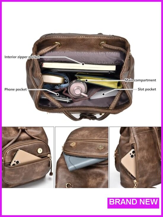 Mini Backpack Purse Faux Leather Lightweight Travel Daypack with Multiple